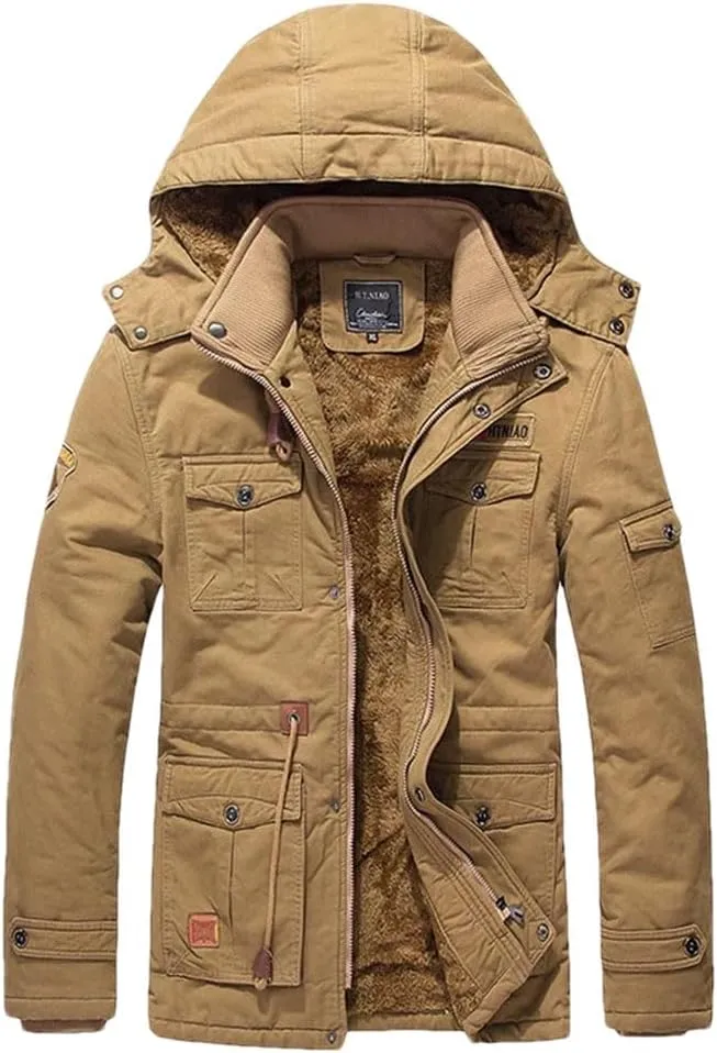 Men's Winter Fleece Lined Warm Mid-Long Cotton Thick Padded Coats Tactical Thermal Windbreaker Jacket