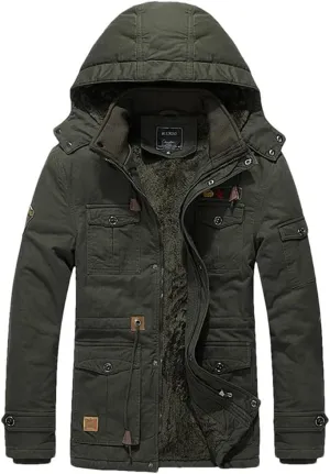 Men's Winter Fleece Lined Warm Mid-Long Cotton Thick Padded Coats Tactical Thermal Windbreaker Jacket