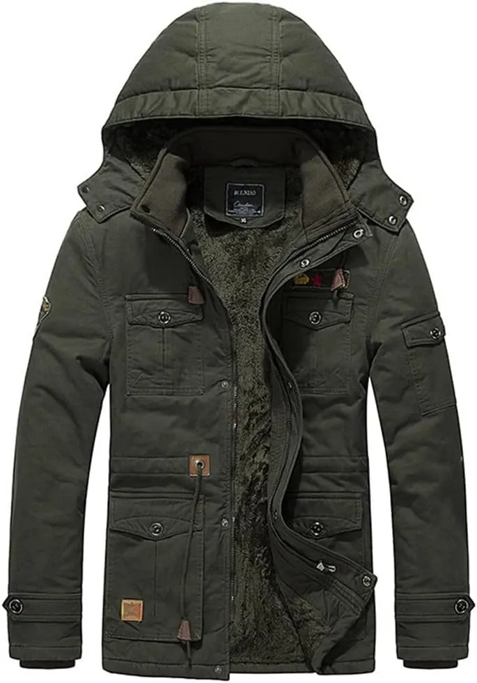 Men's Winter Fleece Lined Warm Mid-Long Cotton Thick Padded Coats Tactical Thermal Windbreaker Jacket