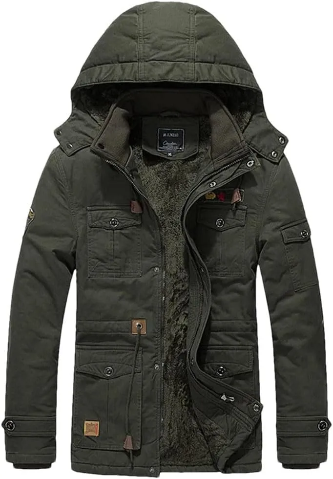 Men's Winter Fleece Lined Warm Mid-Long Cotton Thick Padded Coats Tactical Thermal Windbreaker Jacket