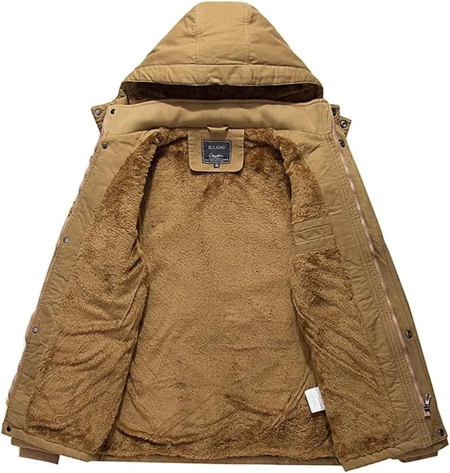 Men's Winter Fleece Lined Warm Mid-Long Cotton Thick Padded Coats Tactical Thermal Windbreaker Jacket