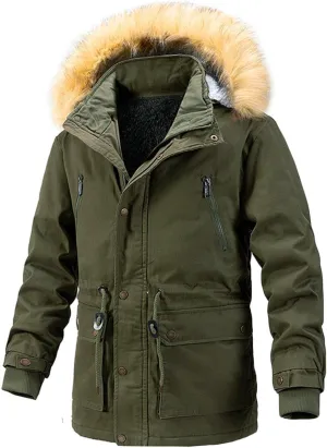 Men's Winter Puffer Hooded Coats Thicken Warmth Fleece Lined Tactical Work Cotton Jackets Zip Vintage Padded Coat