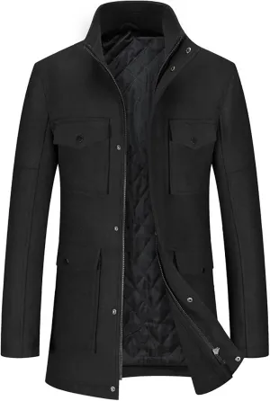 Mens Winter Trench Coats Wool Blend Quilted Padded Warm Long Jackets Slim Fit Long Sleeve Zip Up Outerwear