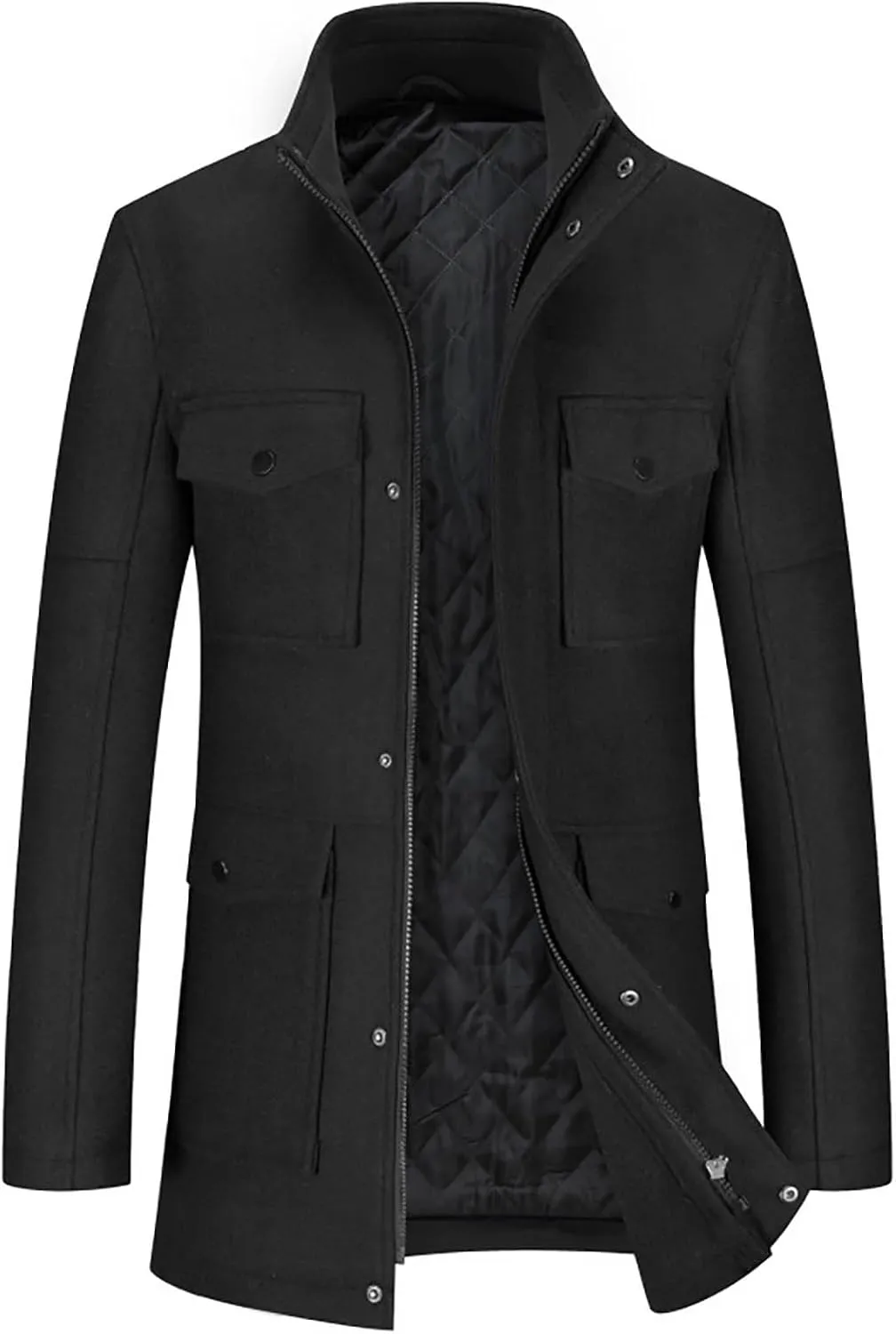 Mens Winter Trench Coats Wool Blend Quilted Padded Warm Long Jackets Slim Fit Long Sleeve Zip Up Outerwear