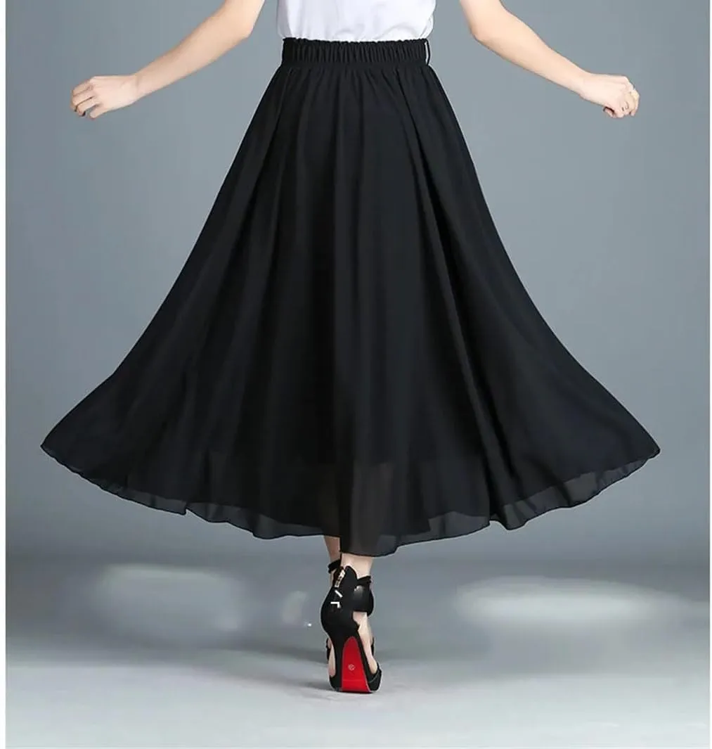 Midi Pleated Skirt Solid Women Long A-Line Solid High Waist Midi Skirts Bohemian