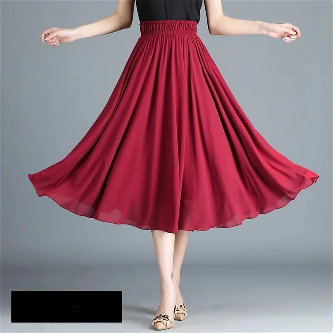 Midi Pleated Skirt Solid Women Long A-Line Solid High Waist Midi Skirts Bohemian