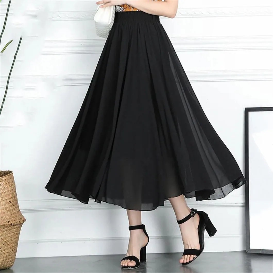 Midi Pleated Skirt Solid Women Long A-Line Solid High Waist Midi Skirts Bohemian