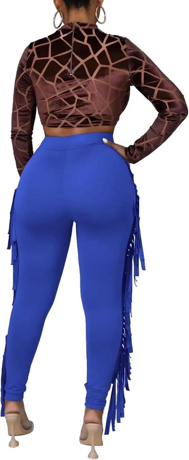 Mintsnow Women's Fringe Pants Casual High Waist Tassel Bodycon Pants Skinny Long Jogger Legging Pants Sweatpants Streetwear
