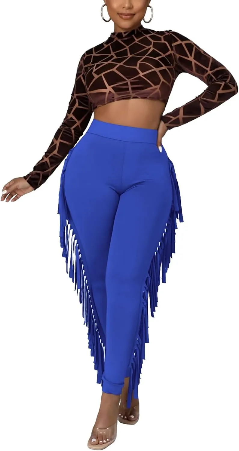 Mintsnow Women's Fringe Pants Casual High Waist Tassel Bodycon Pants Skinny Long Jogger Legging Pants Sweatpants Streetwear