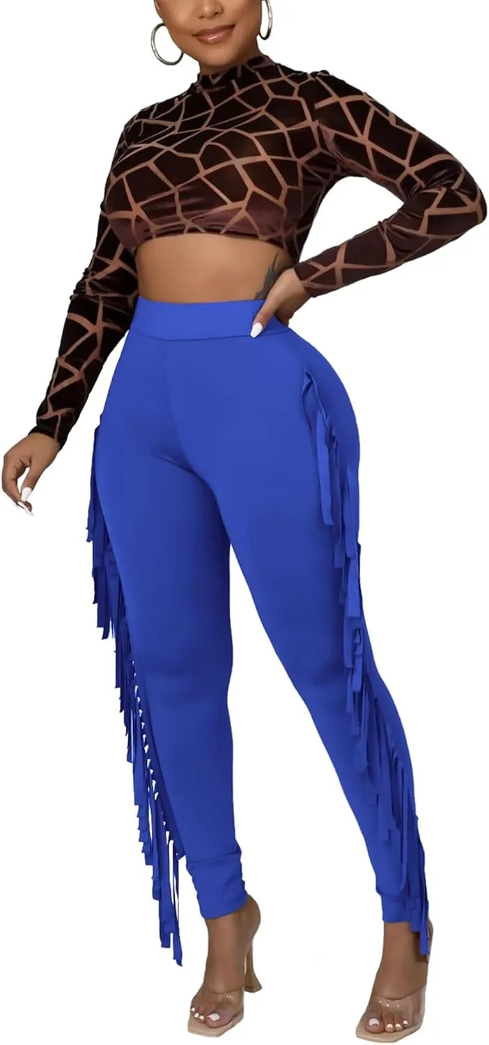 Mintsnow Women's Fringe Pants Casual High Waist Tassel Bodycon Pants Skinny Long Jogger Legging Pants Sweatpants Streetwear