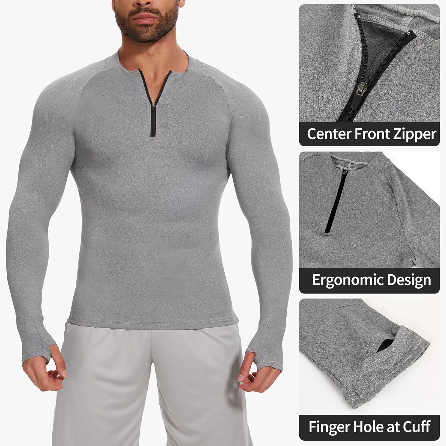 MISS MOLY Mens Long Sleeve Compression Shirt Workout Gym T-Shirt 1/4 Zip Up Dry Top Athletic Base Layer Sport Undershirt