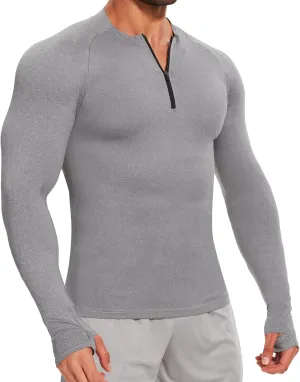 MISS MOLY Mens Long Sleeve Compression Shirt Workout Gym T-Shirt 1/4 Zip Up Dry Top Athletic Base Layer Sport Undershirt