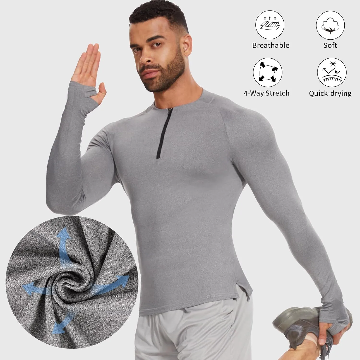 MISS MOLY Mens Long Sleeve Compression Shirt Workout Gym T-Shirt 1/4 Zip Up Dry Top Athletic Base Layer Sport Undershirt