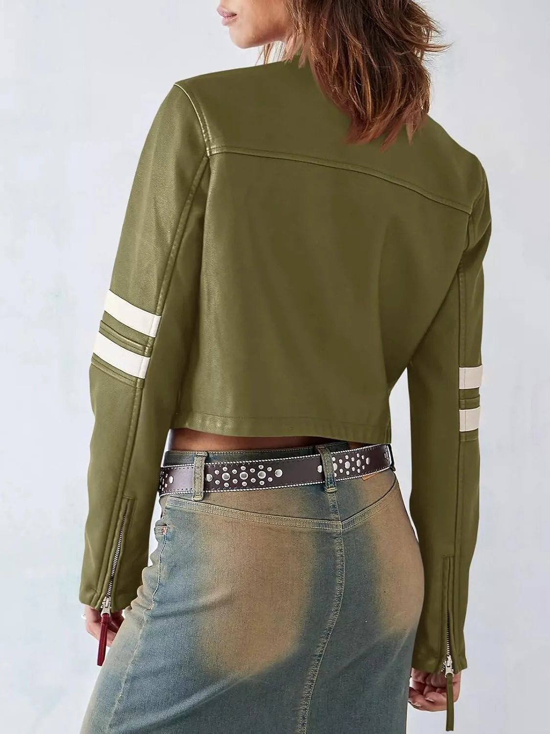 Molilove Leather Jacket Cropped Jacket Motorcycle Jacket for Women Zip Bomber Jacket Women Faux Leather Jacket with Pockets