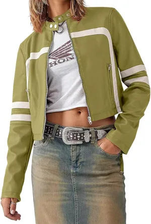 Molilove Leather Jacket Cropped Jacket Motorcycle Jacket for Women Zip Bomber Jacket Women Faux Leather Jacket with Pockets