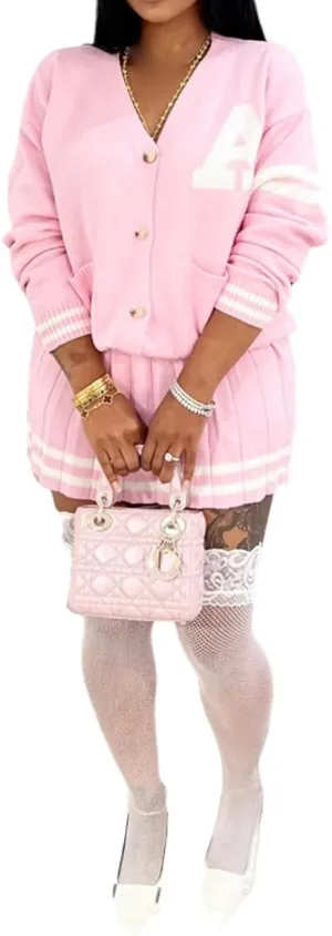 Molisry Women's 2 Piece Skirt Set Casual Long Sleeve Cute Preppy Sweatshirt Top Sexy Pleated Mini Skirt Baseball Sweater Set