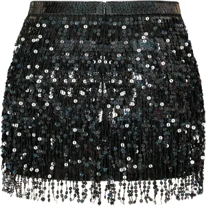 MYMORE Womens Sparkly Sequin Fringe Skirt - Black Rave Concert Disco Space Cowgirl Outfit Glitter Tassel Mini Skirts
