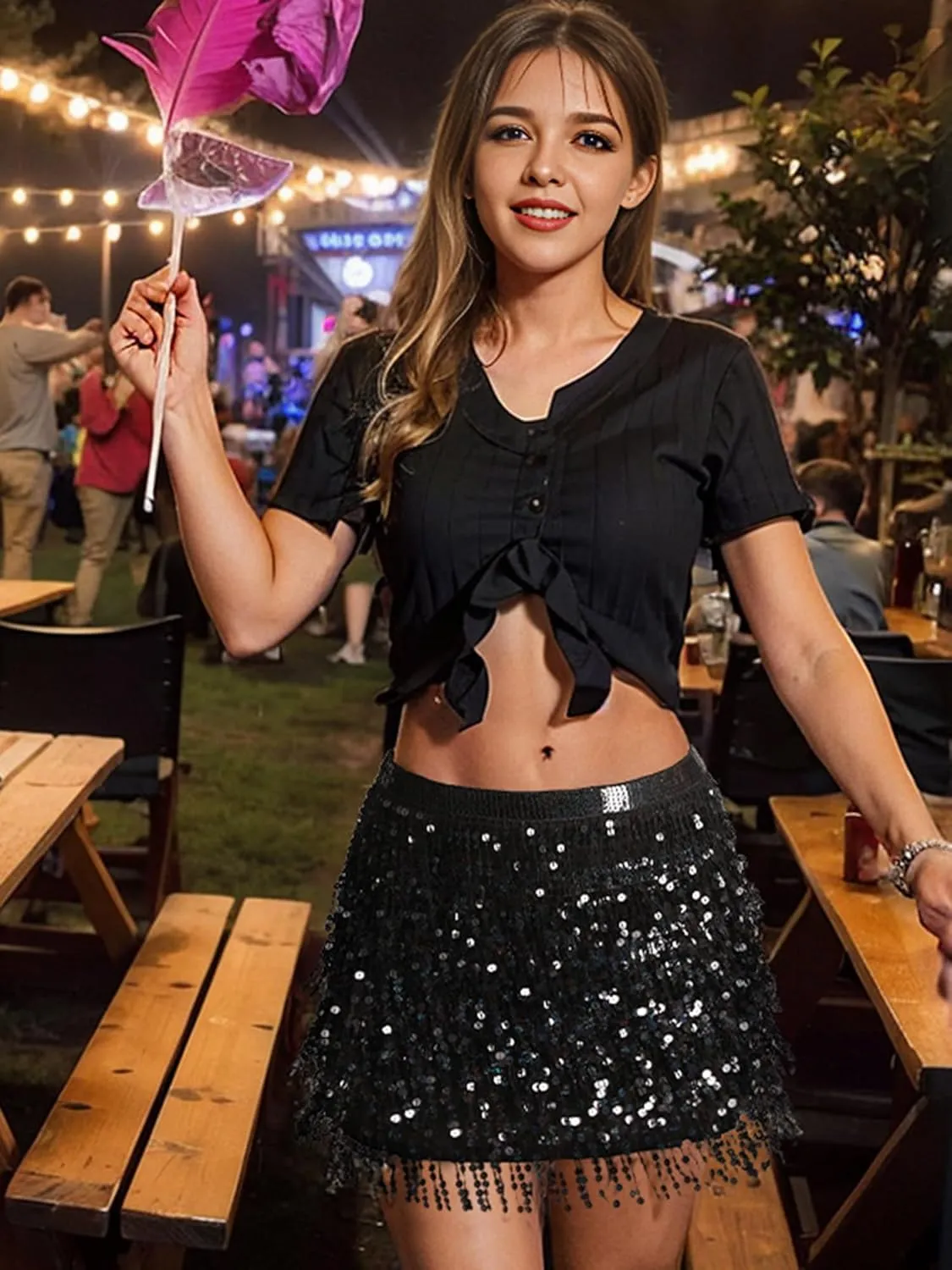 MYMORE Womens Sparkly Sequin Fringe Skirt - Black Rave Concert Disco Space Cowgirl Outfit Glitter Tassel Mini Skirts