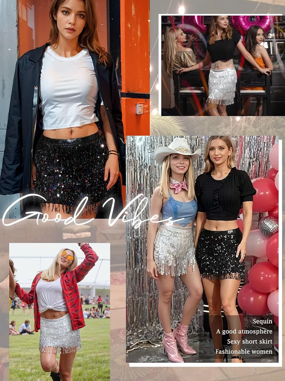 MYMORE Womens Sparkly Sequin Fringe Skirt - Black Rave Concert Disco Space Cowgirl Outfit Glitter Tassel Mini Skirts