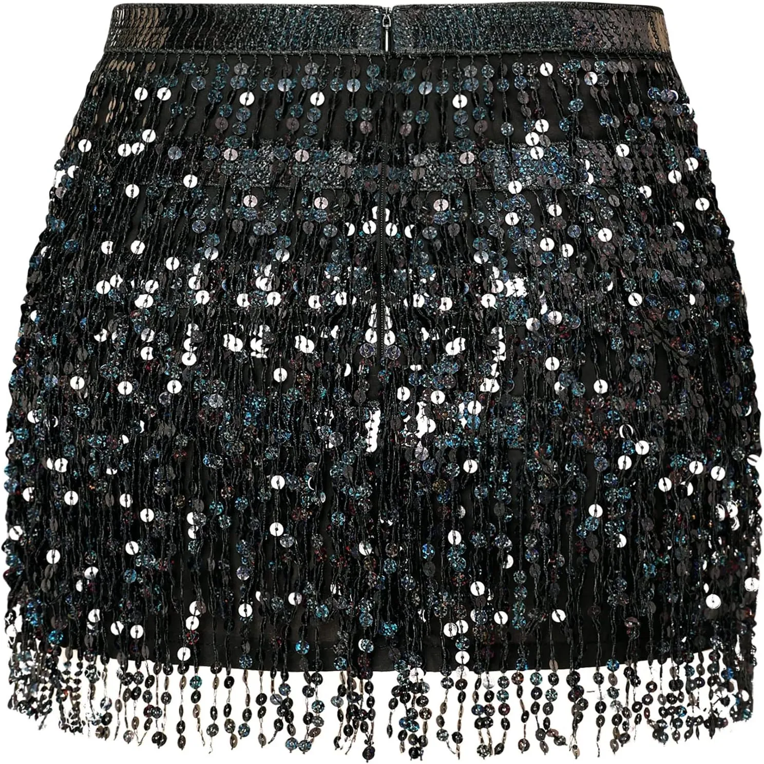 MYMORE Womens Sparkly Sequin Fringe Skirt - Black Rave Concert Disco Space Cowgirl Outfit Glitter Tassel Mini Skirts