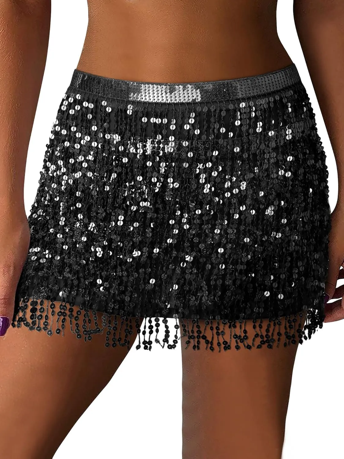 MYMORE Womens Sparkly Sequin Fringe Skirt - Black Rave Concert Disco Space Cowgirl Outfit Glitter Tassel Mini Skirts