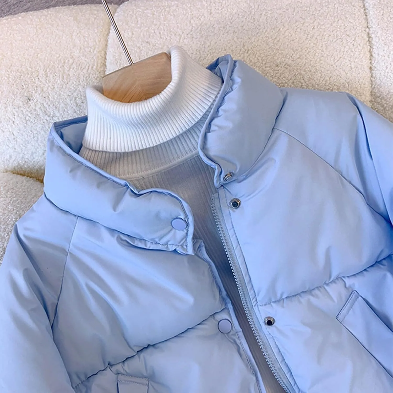 NATHGAM Women Short Puffer Down Jackets Cute Warm Winter Stand Collar Bread Jacket Fashion Casual Loose Cotton Padded Jacket