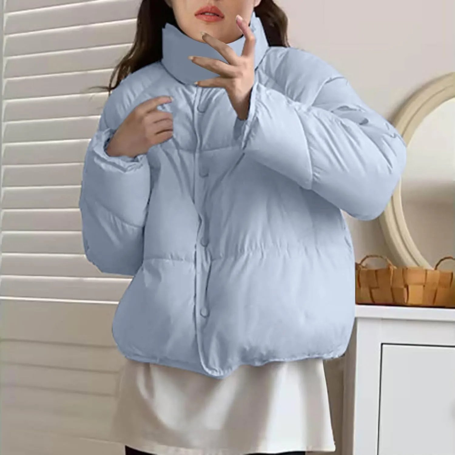 NATHGAM Women Short Puffer Down Jackets Cute Warm Winter Stand Collar Bread Jacket Fashion Casual Loose Cotton Padded Jacket
