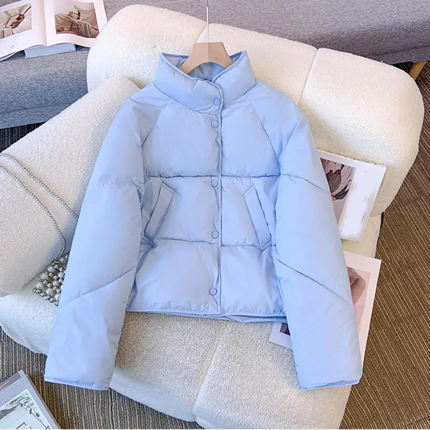 NATHGAM Women Short Puffer Down Jackets Cute Warm Winter Stand Collar Bread Jacket Fashion Casual Loose Cotton Padded Jacket