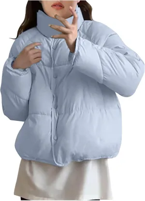 NATHGAM Women Short Puffer Down Jackets Cute Warm Winter Stand Collar Bread Jacket Fashion Casual Loose Cotton Padded Jacket