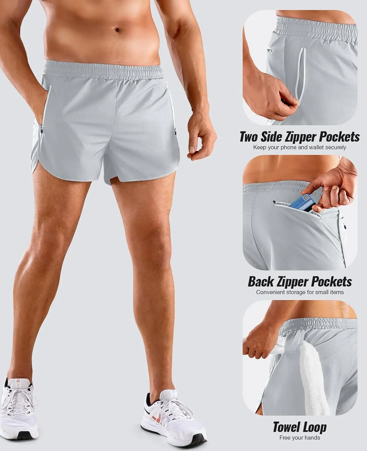 Niksa Mens Running Shorts 3" Workout Athletic Shorts with Zipper Pockets Lightweight Quick Dry Gym Shorts