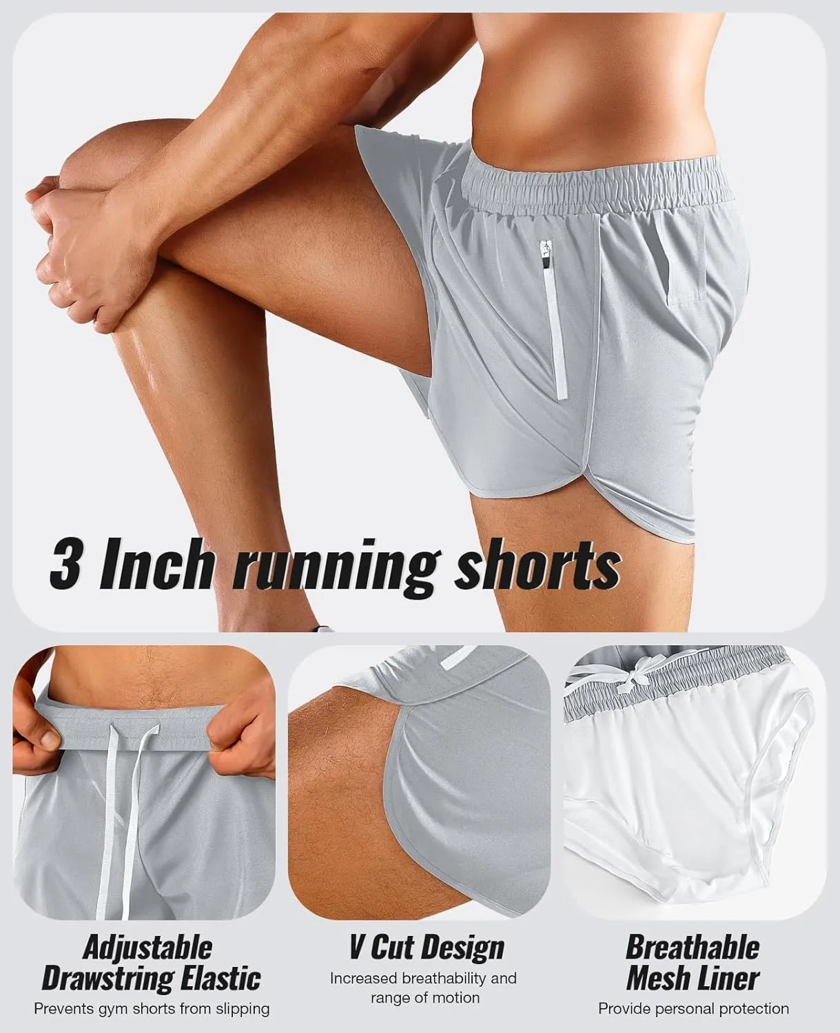 Niksa Mens Running Shorts 3" Workout Athletic Shorts with Zipper Pockets Lightweight Quick Dry Gym Shorts