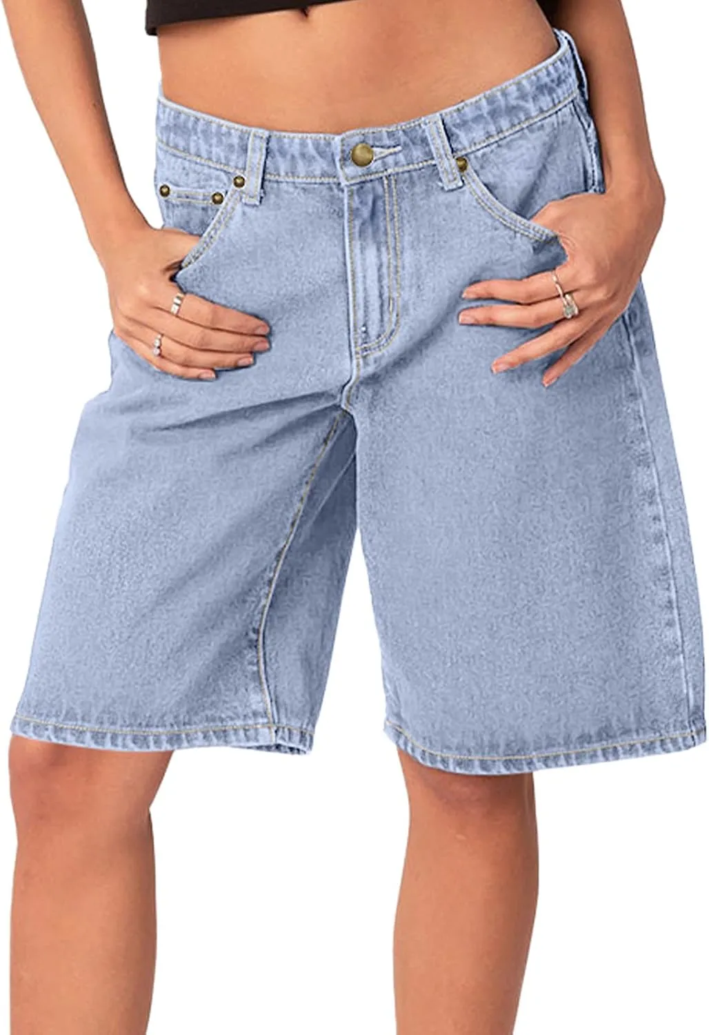 NIMIN Bermuda Shorts for Women Mid Waisted Y2K Summer Casual Jeans Shorts Loose Fit Jorts Knee Length Denim Shorts