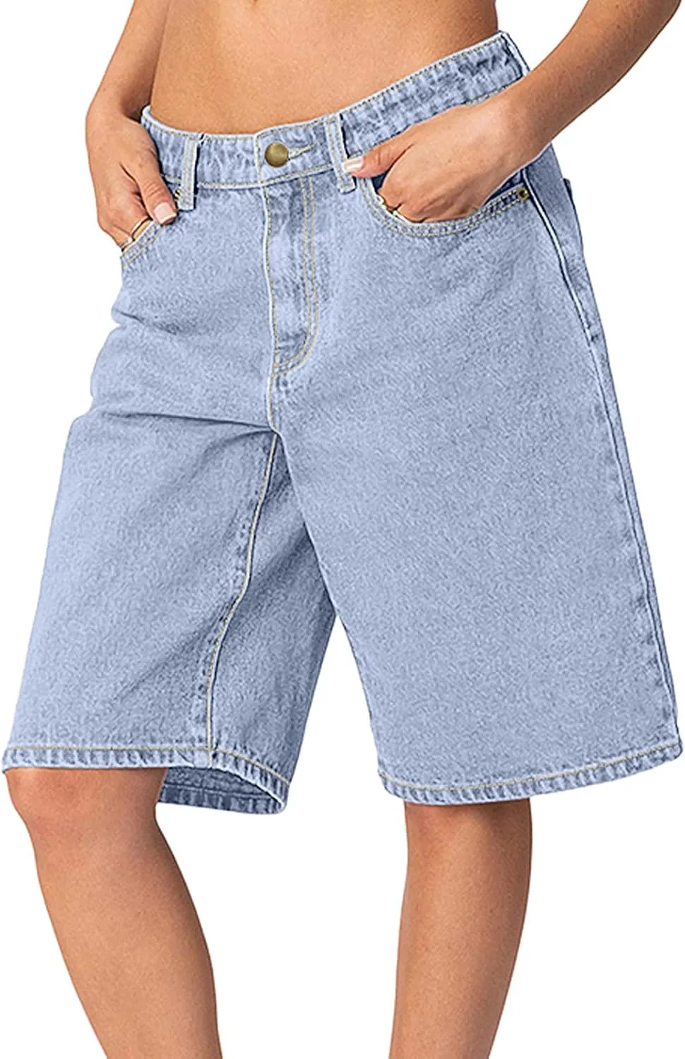 NIMIN Bermuda Shorts for Women Mid Waisted Y2K Summer Casual Jeans Shorts Loose Fit Jorts Knee Length Denim Shorts