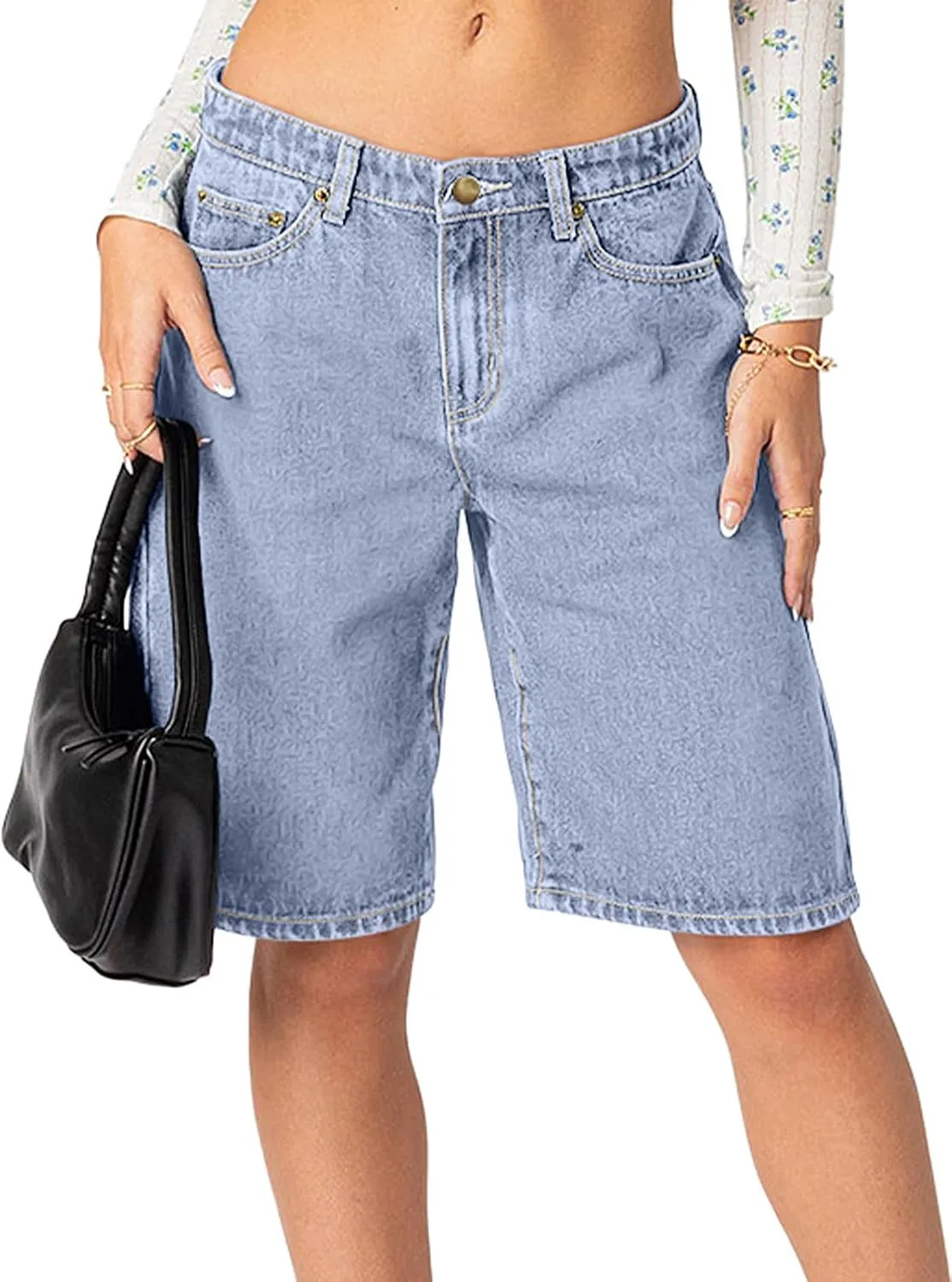 NIMIN Bermuda Shorts for Women Mid Waisted Y2K Summer Casual Jeans Shorts Loose Fit Jorts Knee Length Denim Shorts