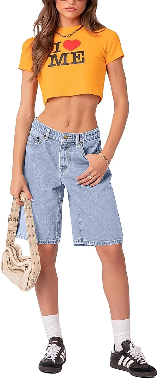 NIMIN Bermuda Shorts for Women Mid Waisted Y2K Summer Casual Jeans Shorts Loose Fit Jorts Knee Length Denim Shorts