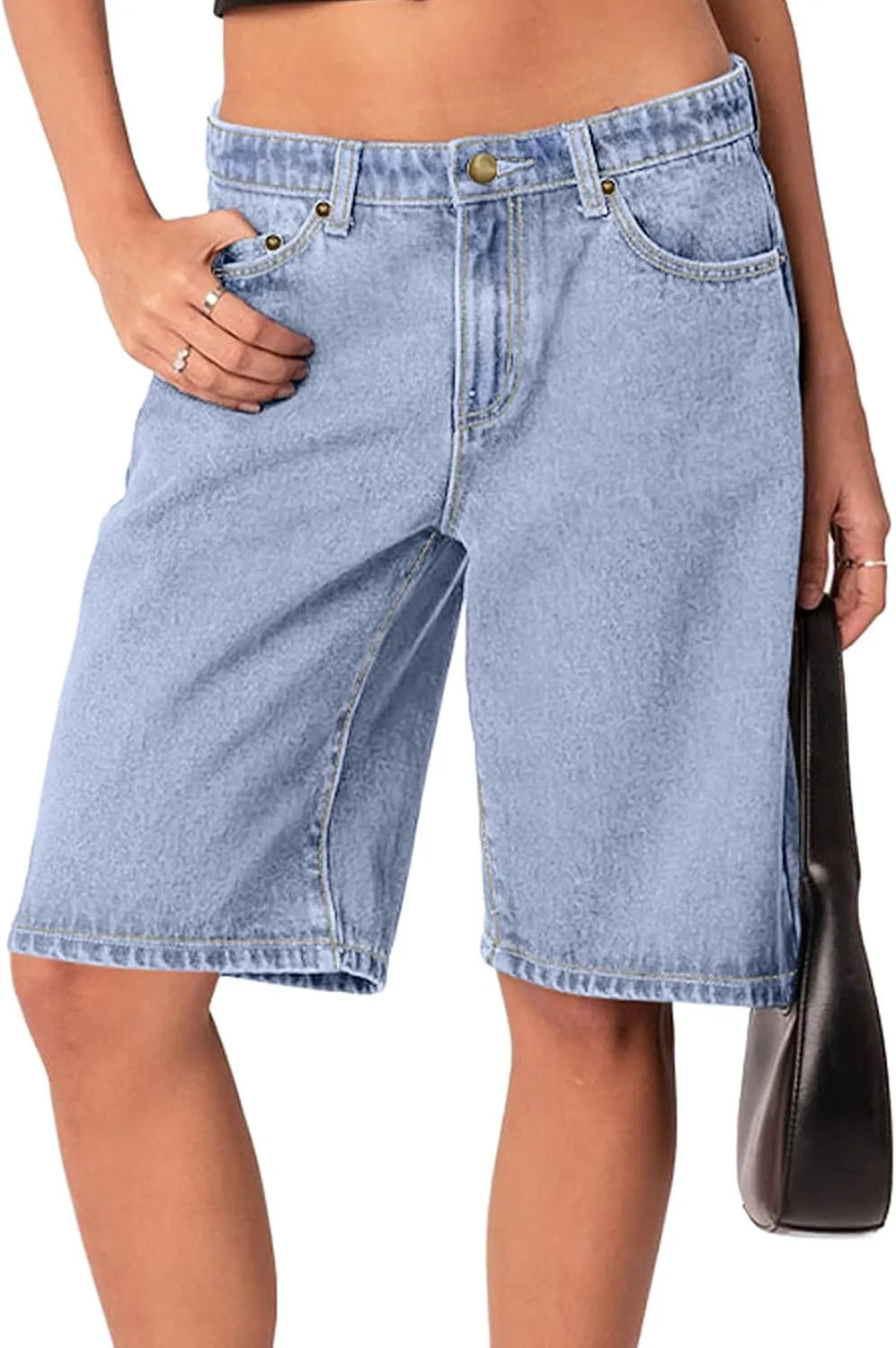 NIMIN Bermuda Shorts for Women Mid Waisted Y2K Summer Casual Jeans Shorts Loose Fit Jorts Knee Length Denim Shorts