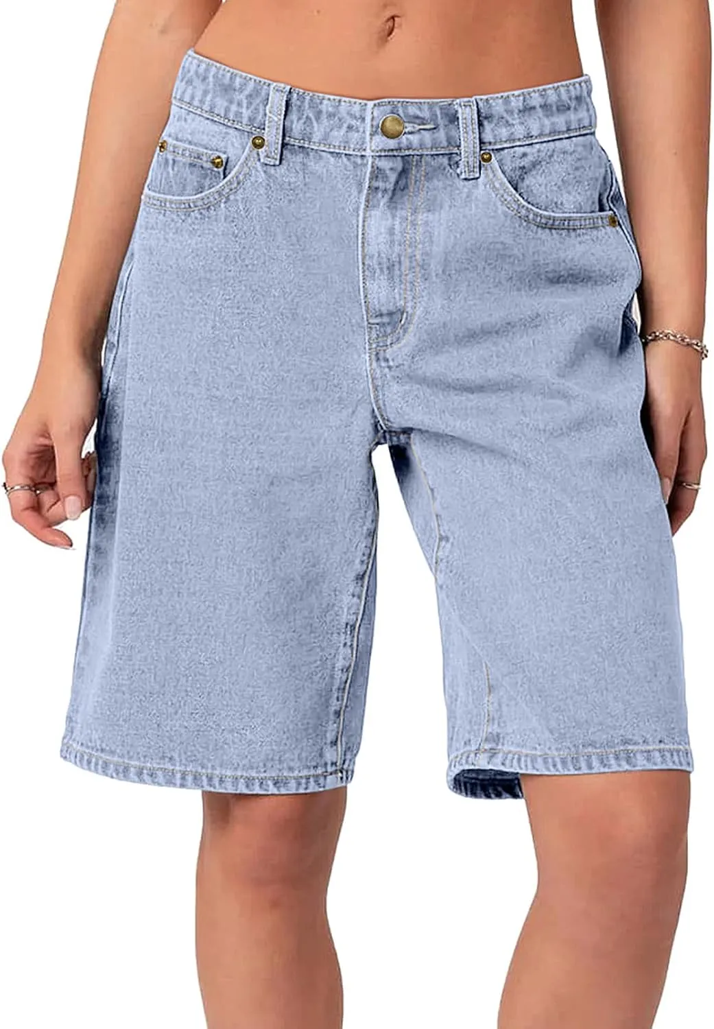 NIMIN Bermuda Shorts for Women Mid Waisted Y2K Summer Casual Jeans Shorts Loose Fit Jorts Knee Length Denim Shorts