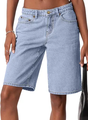 NIMIN Bermuda Shorts for Women Mid Waisted Y2K Summer Casual Jeans Shorts Loose Fit Jorts Knee Length Denim Shorts