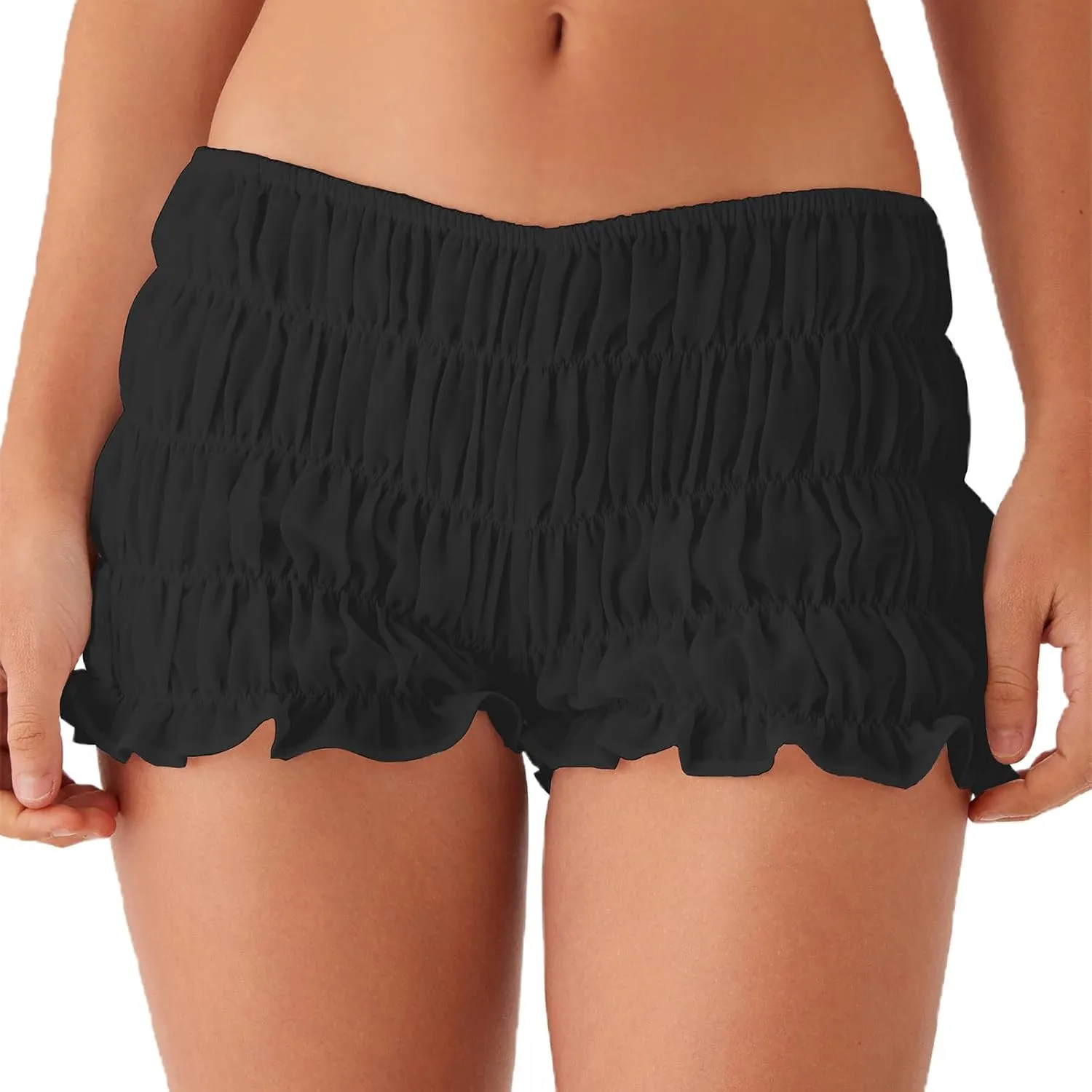 NUFIWI Women Y2k Ruched Mini Shorts Low Waist Ruffle Frill Bloomers Lounge Pajamas Shorts Smocked Micro Shorts Sleepwear