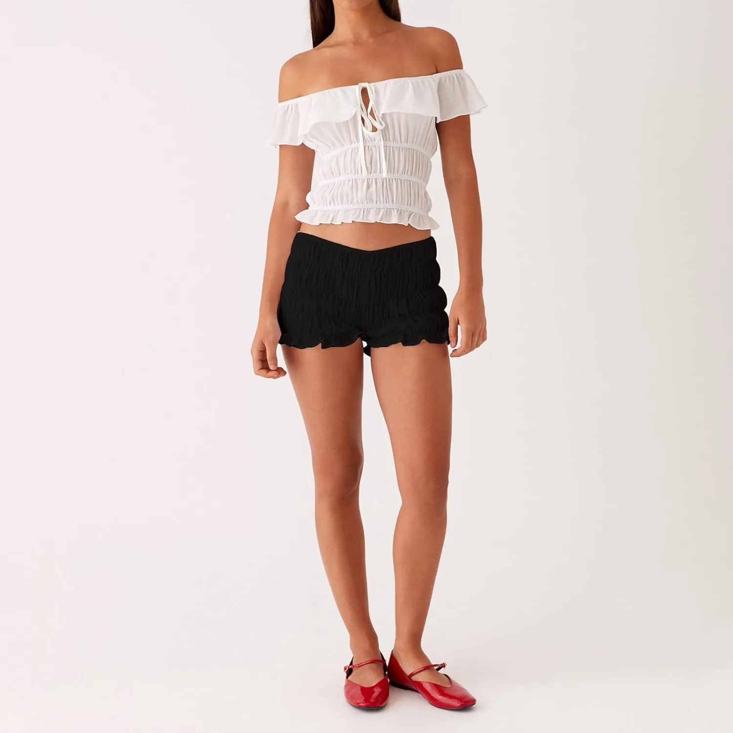 NUFIWI Women Y2k Ruched Mini Shorts Low Waist Ruffle Frill Bloomers Lounge Pajamas Shorts Smocked Micro Shorts Sleepwear