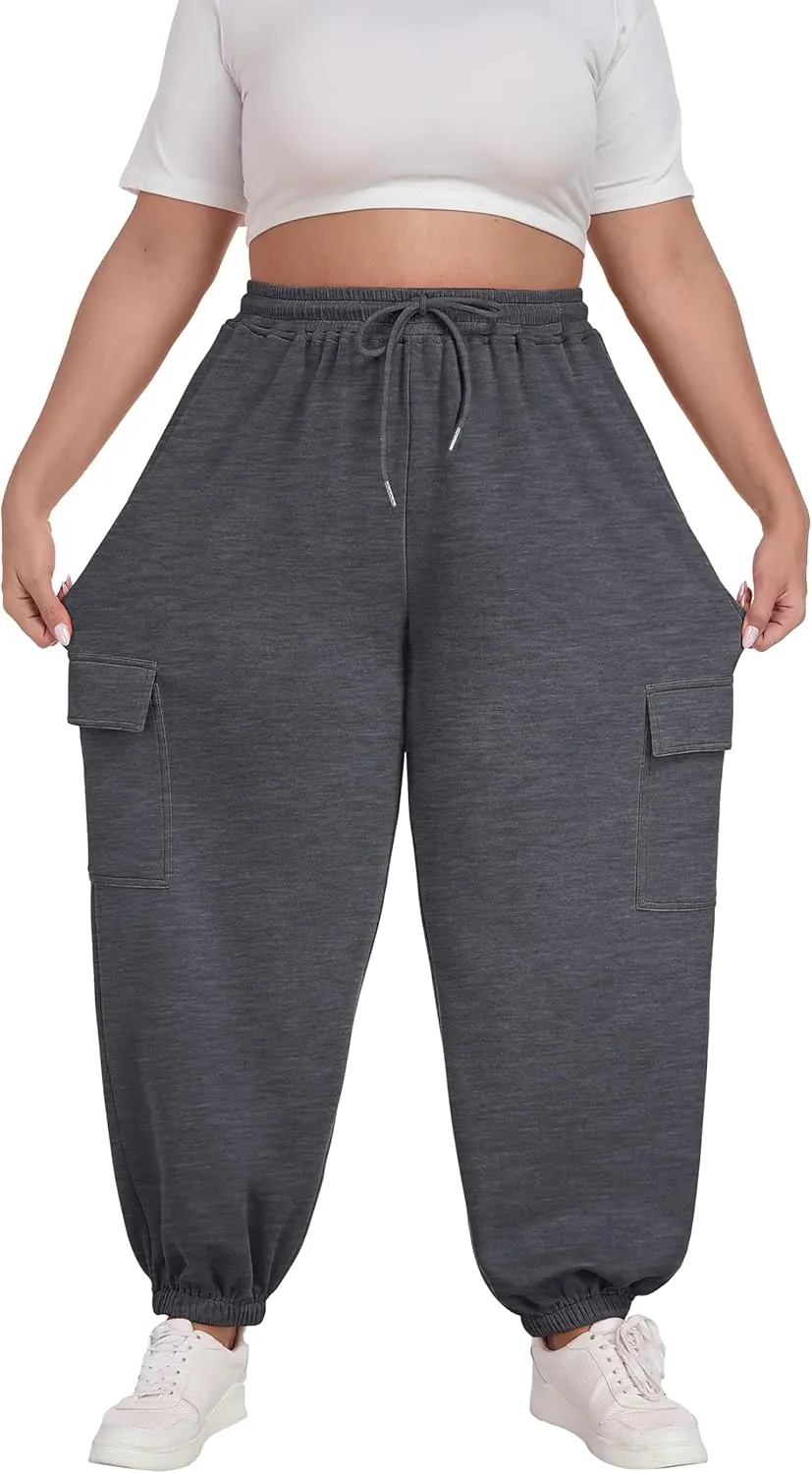 OLRIK Plus Size Pants 2025 Trendy Cargo Sweatpants Adjustable Drawstring Joggers Loose Fit Lounge Trousers with Pockets