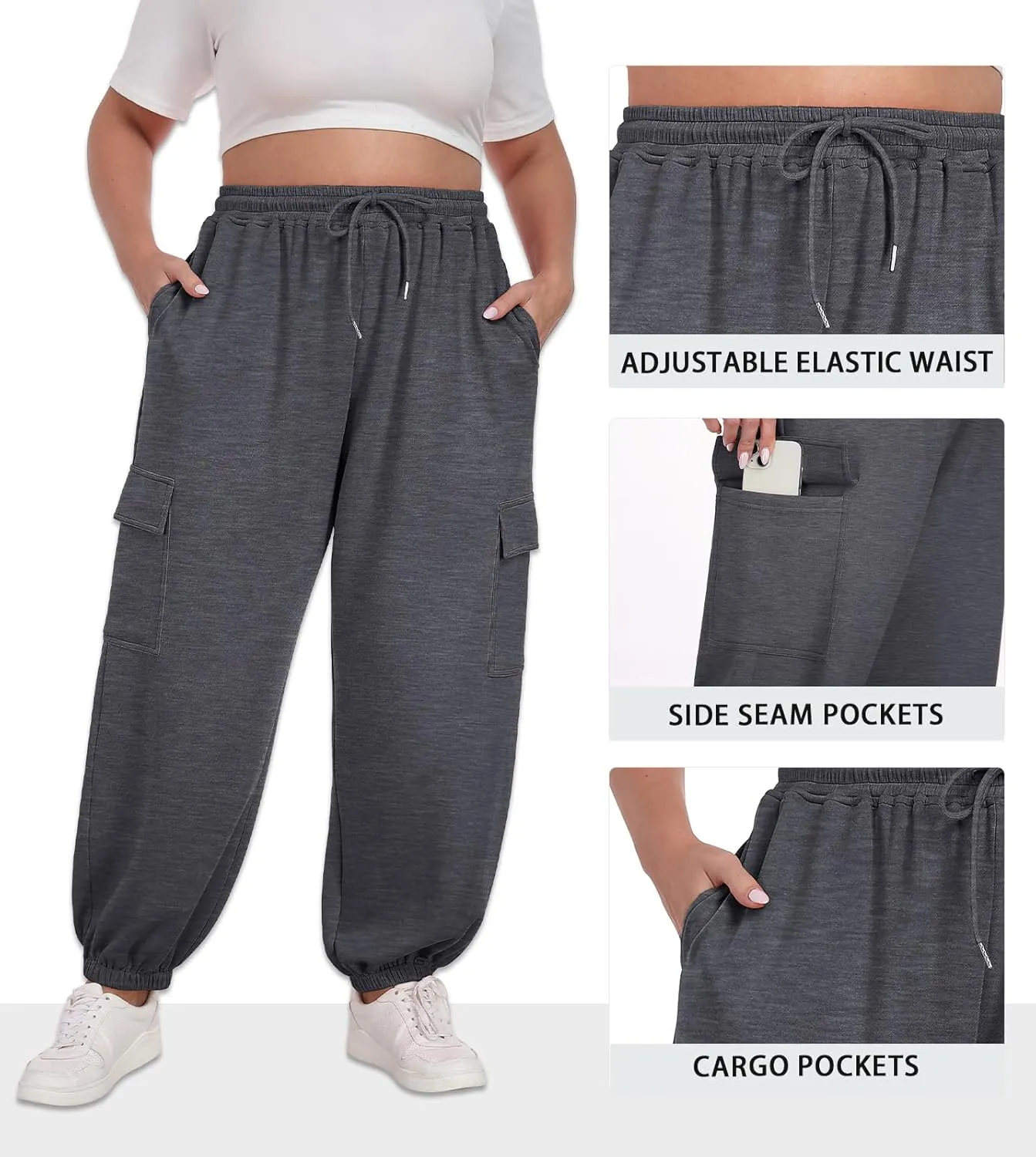 OLRIK Plus Size Pants 2025 Trendy Cargo Sweatpants Adjustable Drawstring Joggers Loose Fit Lounge Trousers with Pockets