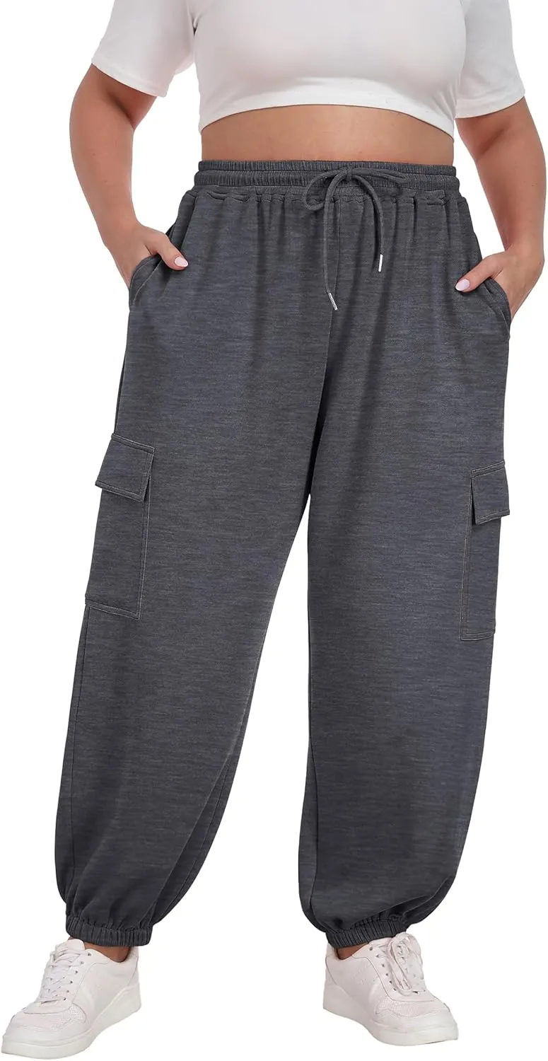 OLRIK Plus Size Pants 2025 Trendy Cargo Sweatpants Adjustable Drawstring Joggers Loose Fit Lounge Trousers with Pockets