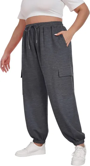 OLRIK Plus Size Pants 2025 Trendy Cargo Sweatpants Adjustable Drawstring Joggers Loose Fit Lounge Trousers with Pockets