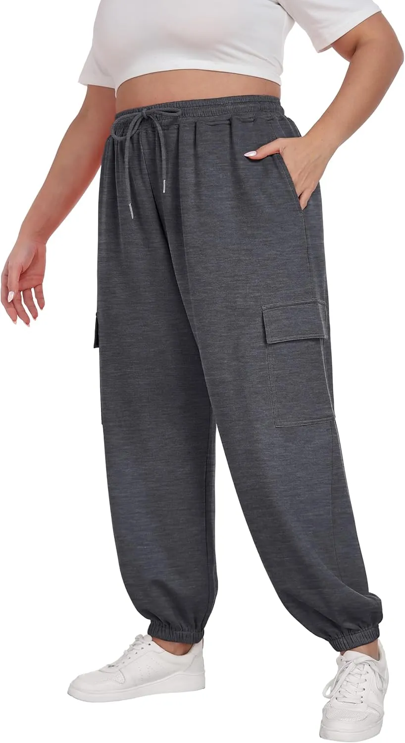 OLRIK Plus Size Pants 2025 Trendy Cargo Sweatpants Adjustable Drawstring Joggers Loose Fit Lounge Trousers with Pockets