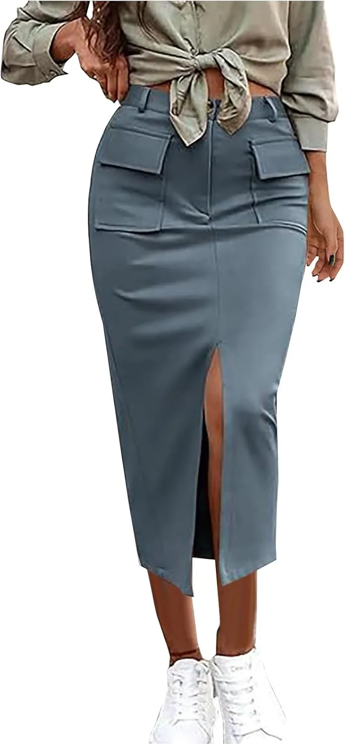 Oplxuo Women's Pencil Skirt Slit Front Cotton Business Casual Work Midi Skirts Ladies Elastic High Waist Bodycon Suit Skirts