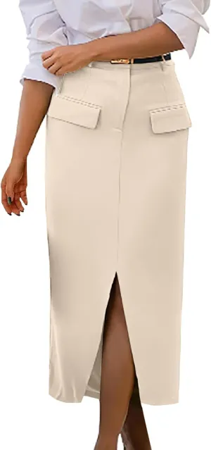 Oplxuo Women's Pencil Skirt Slit Front Cotton Business Casual Work Midi Skirts Ladies Elastic High Waist Bodycon Suit Skirts