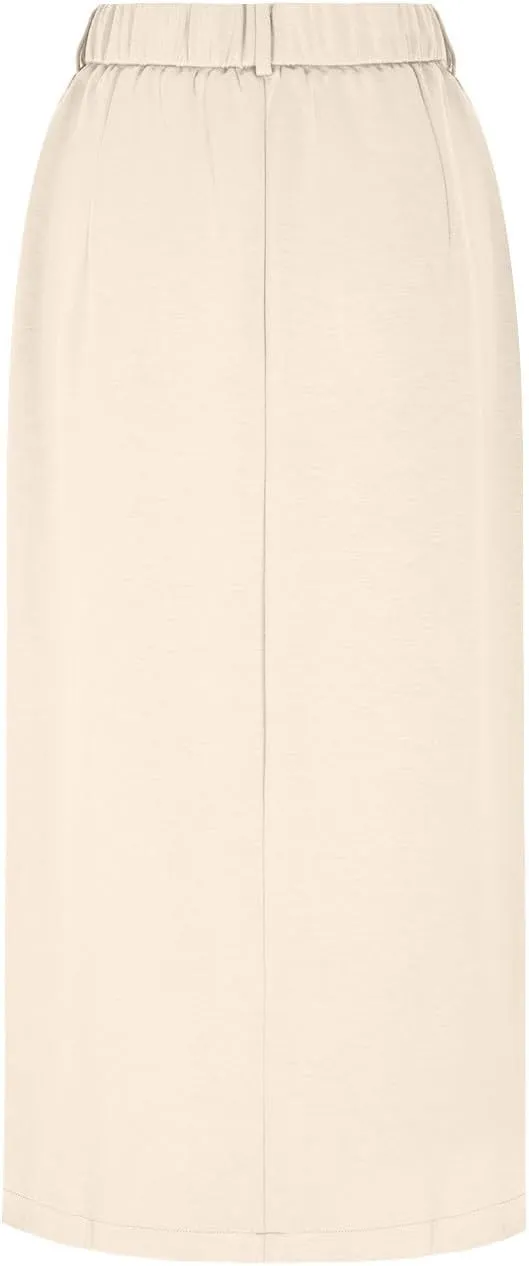 Oplxuo Women's Pencil Skirt Slit Front Cotton Business Casual Work Midi Skirts Ladies Elastic High Waist Bodycon Suit Skirts