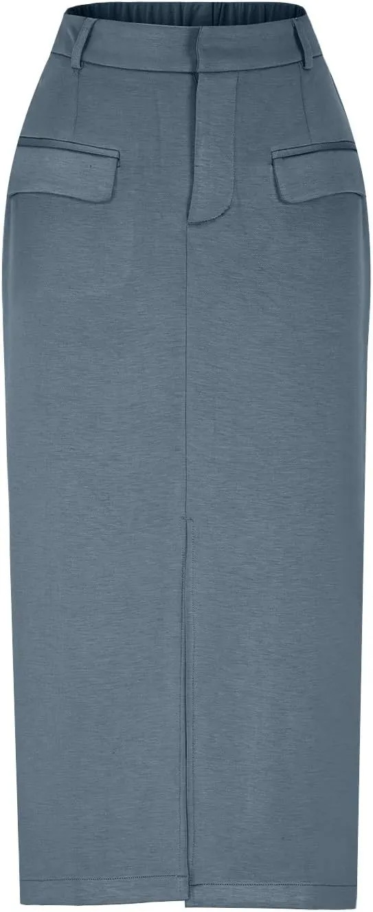 Oplxuo Women's Pencil Skirt Slit Front Cotton Business Casual Work Midi Skirts Ladies Elastic High Waist Bodycon Suit Skirts