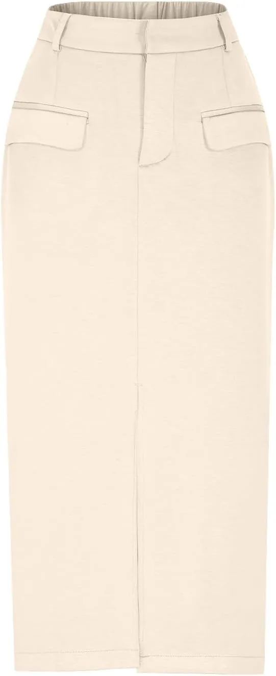 Oplxuo Women's Pencil Skirt Slit Front Cotton Business Casual Work Midi Skirts Ladies Elastic High Waist Bodycon Suit Skirts